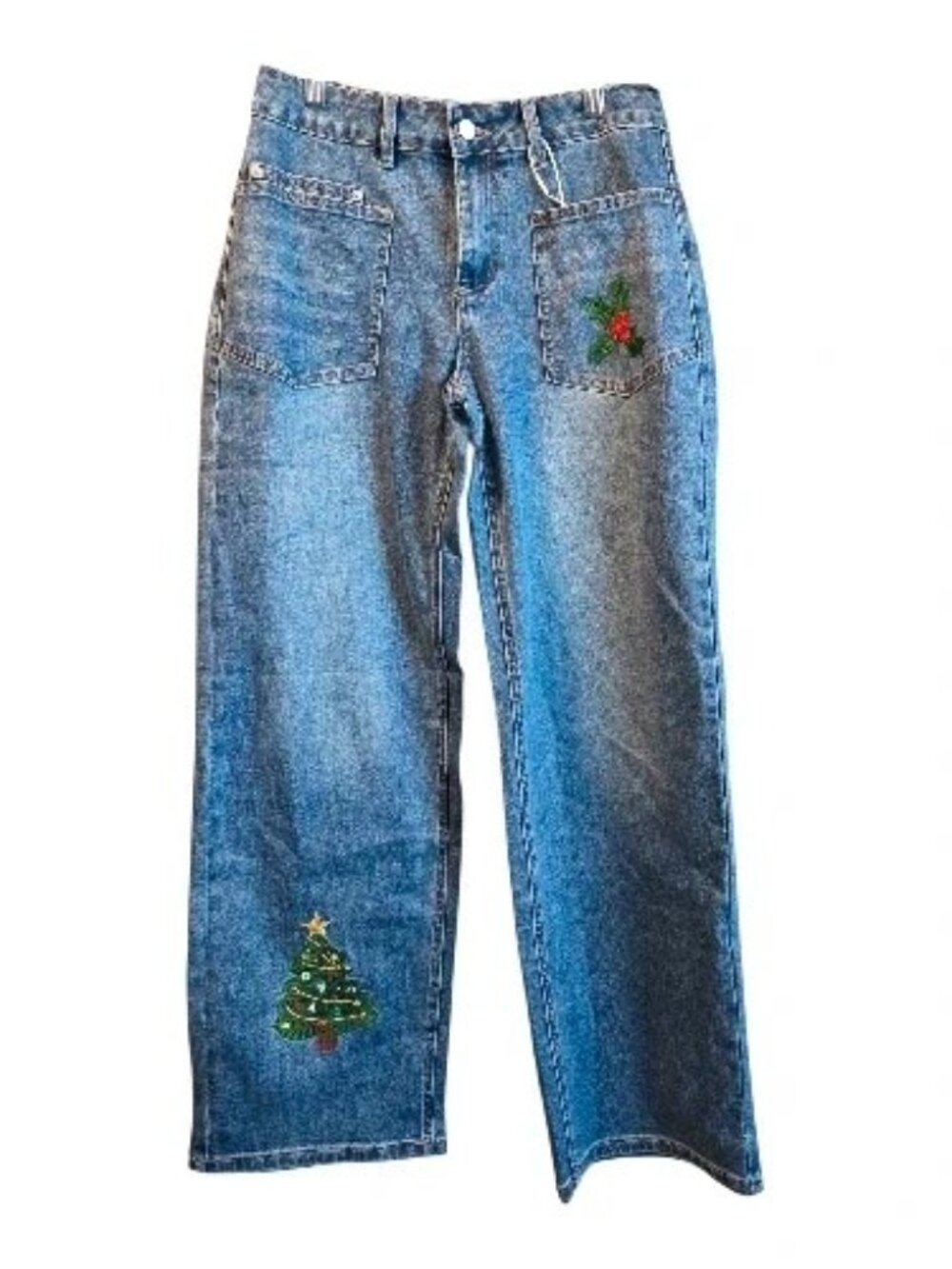 Flamingals Women's Blue Denim Jeans Embroidered Christmas